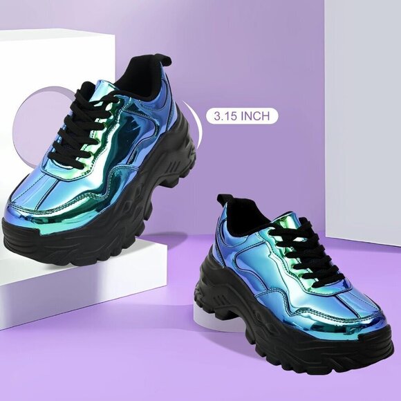 Niluber Tennis Shoes Women Size (6-8) Blue Hologram KPU Chunky Sneakers . - Picture 6 of 7